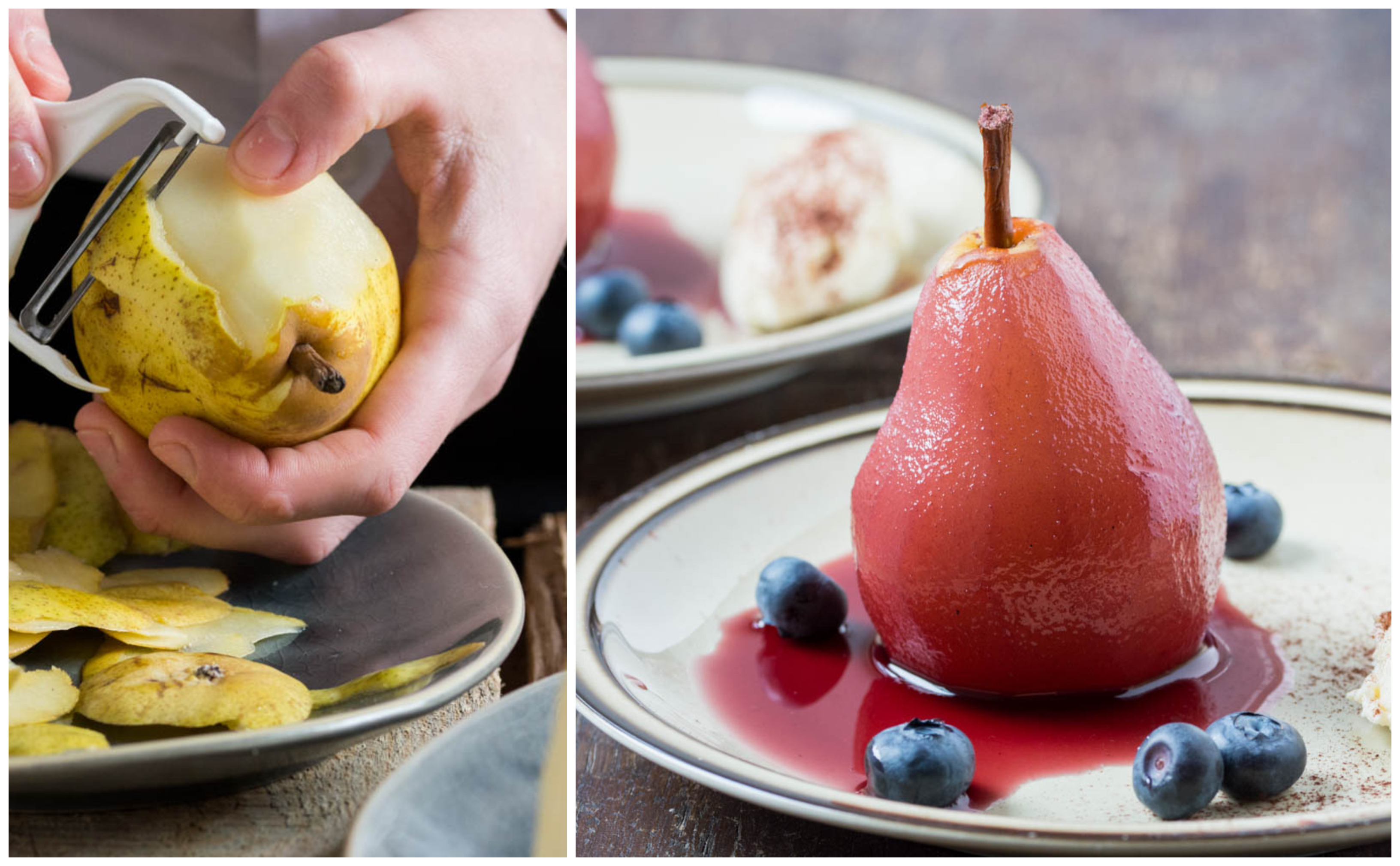 Pere poșate în vin și cremă de mascarpone aromatizată cu apă de flori de portocal