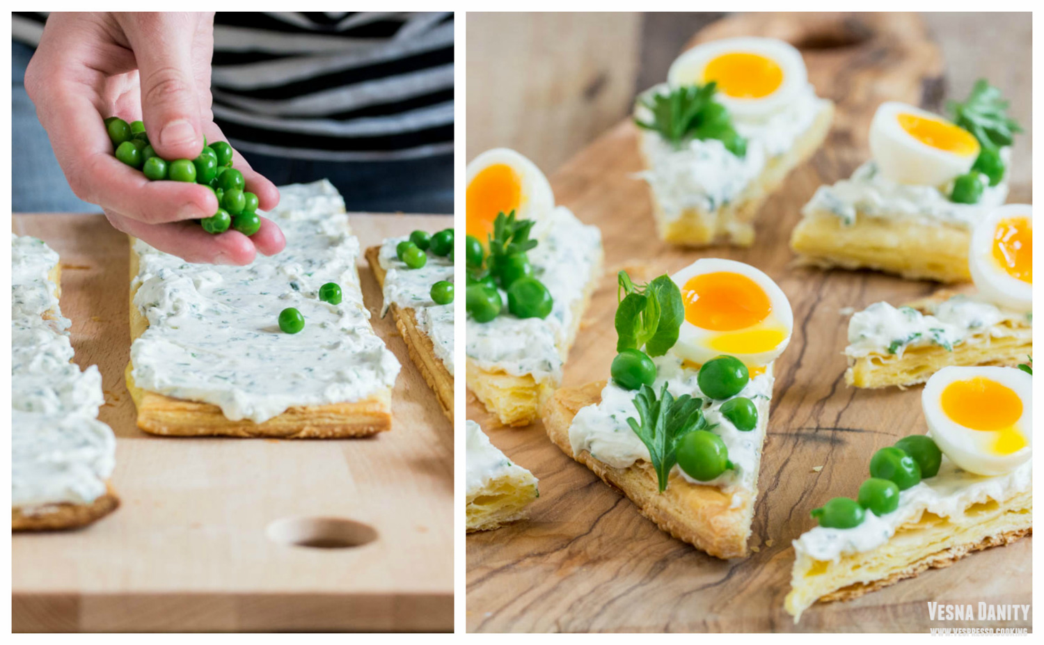 Triunghiuri cu cremă de brânză de capră, mazăre și ouă de prepeliță