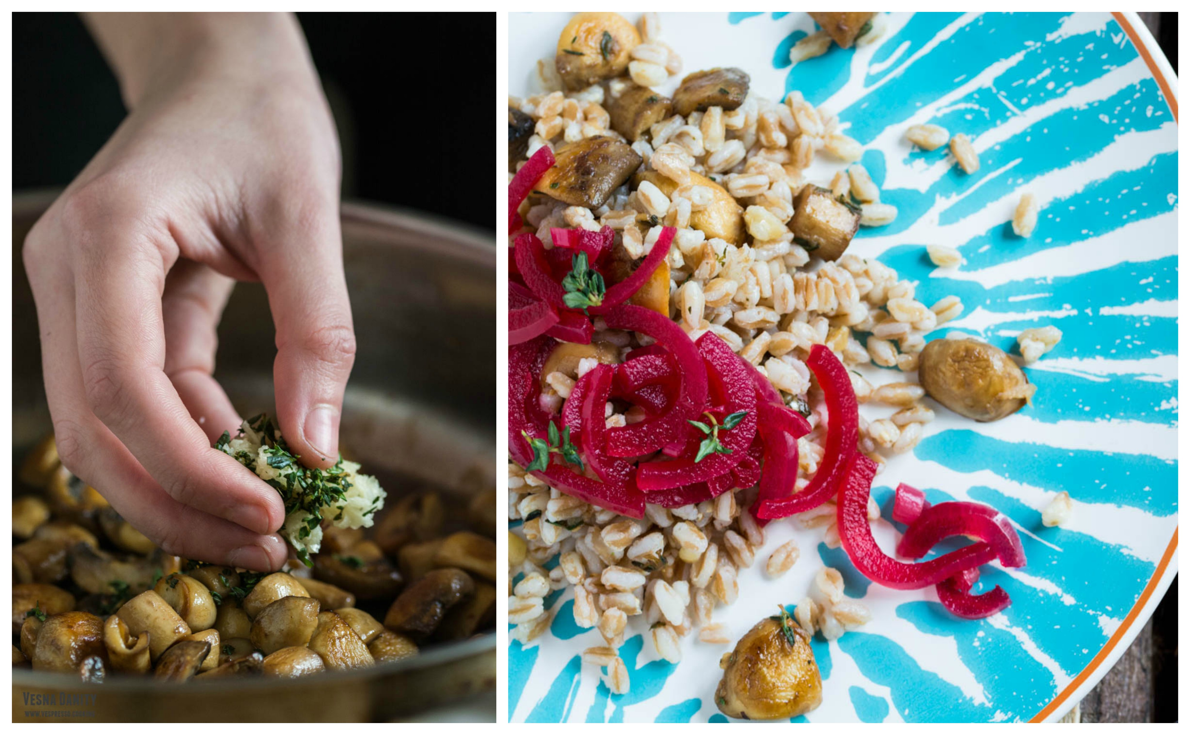 Salată de farro cu ciuperci și ceapă murată (vegan / de post)