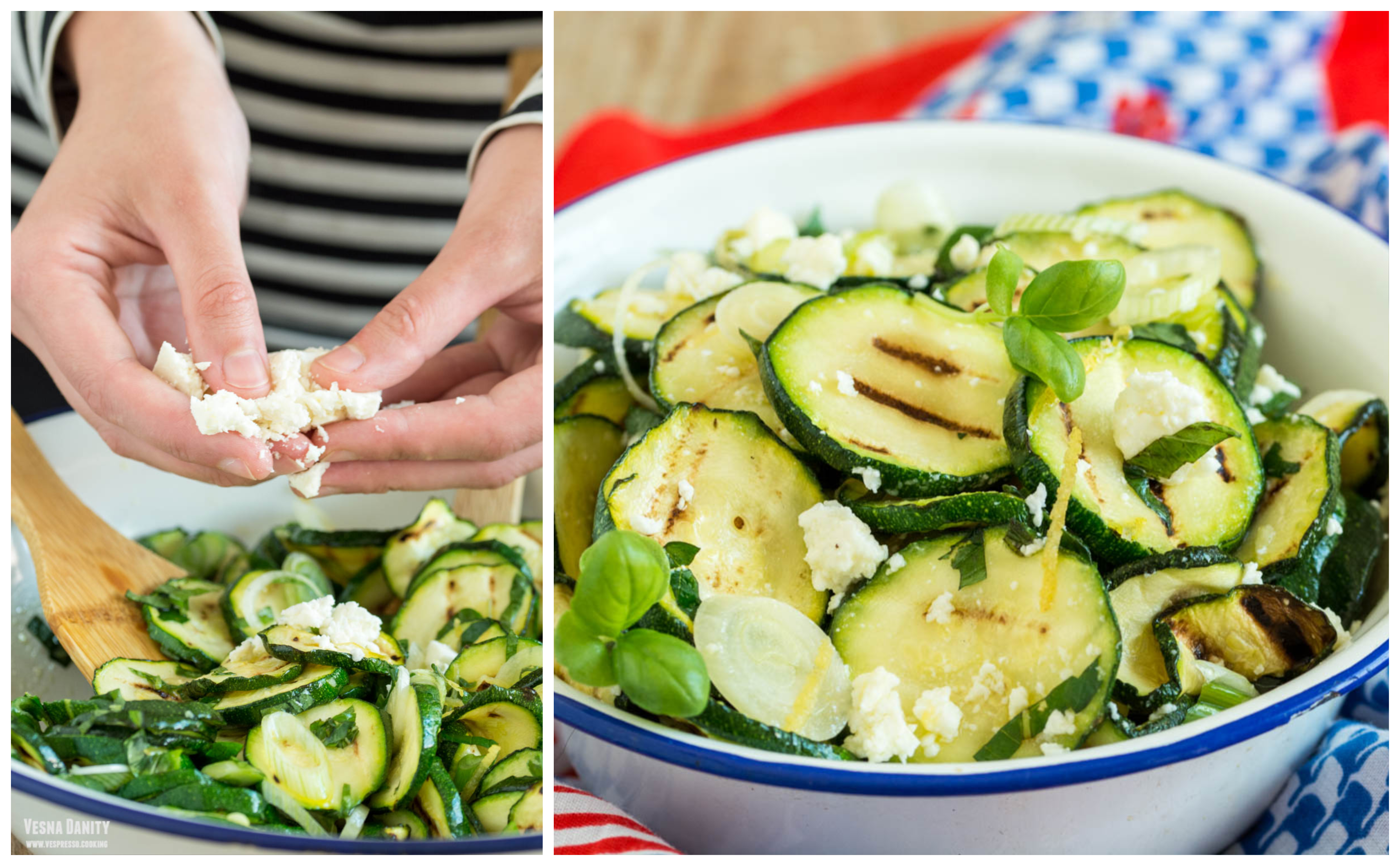 Salată de zucchini la grătar cu ceapă verde și telemea