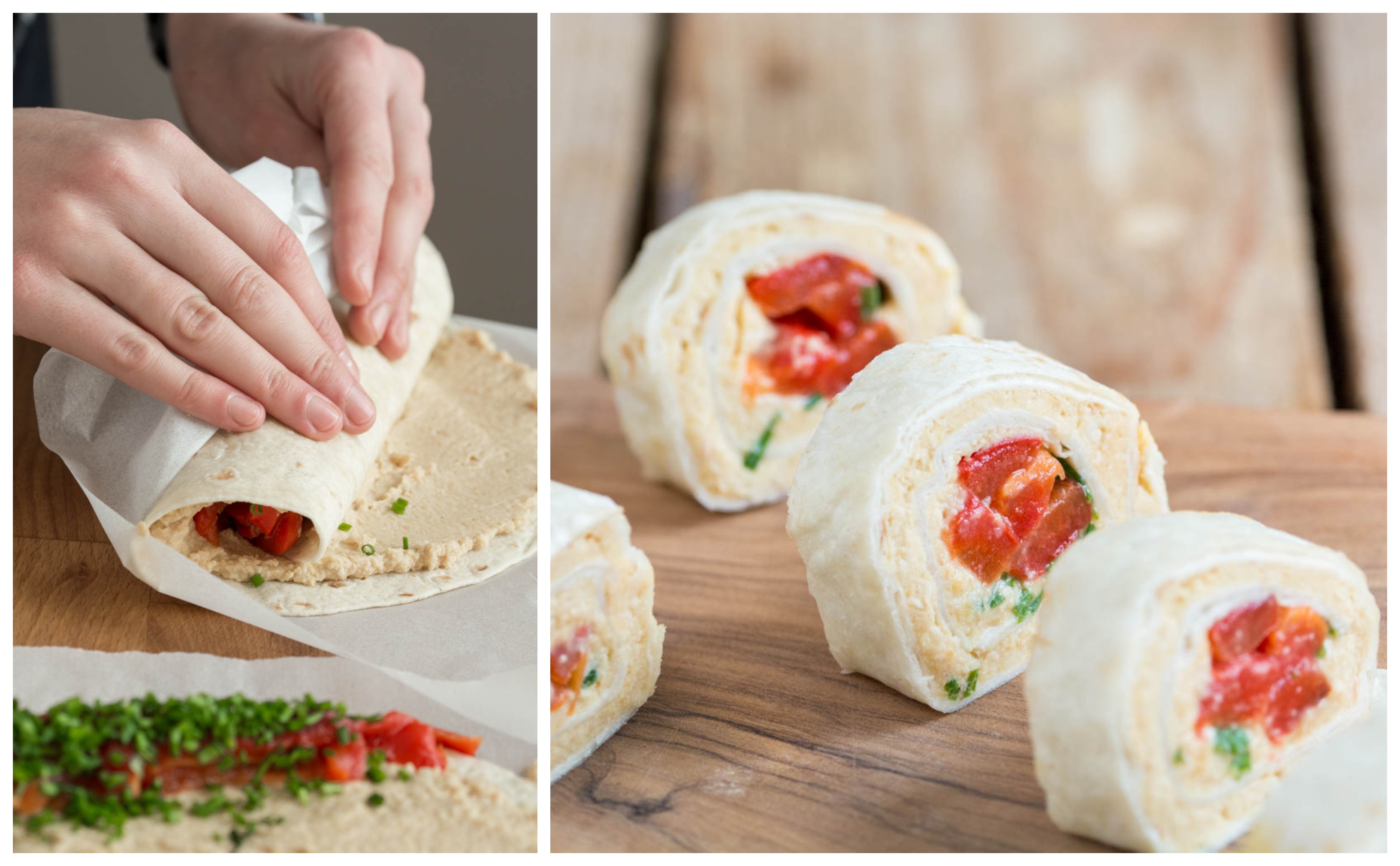 Rulouri de lipie cu hummus și ardei copt (vegan / de post)